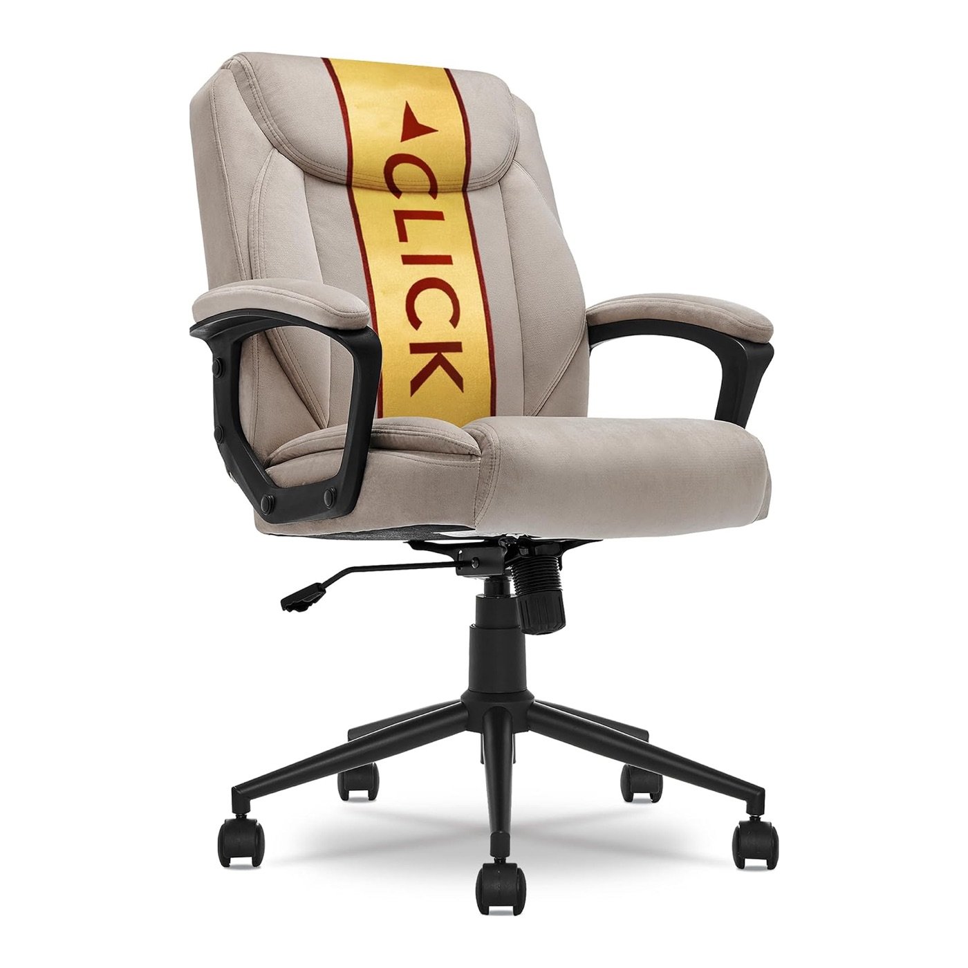 Task chair on a white listing background with a branded band