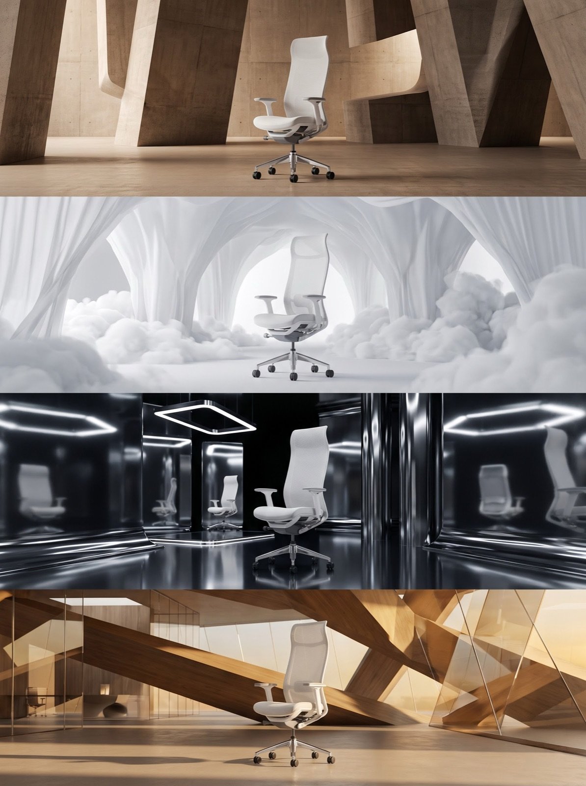 The same chair shown in four different environments, stacked as direction options