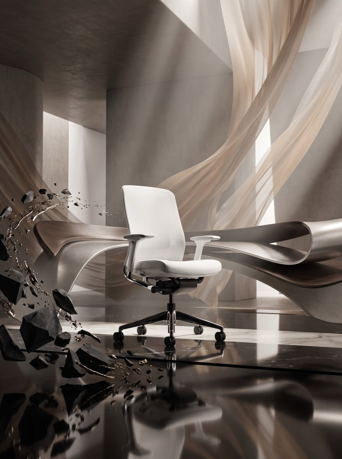 Chair built into a sculpted environment of draped fabric and fractured stone