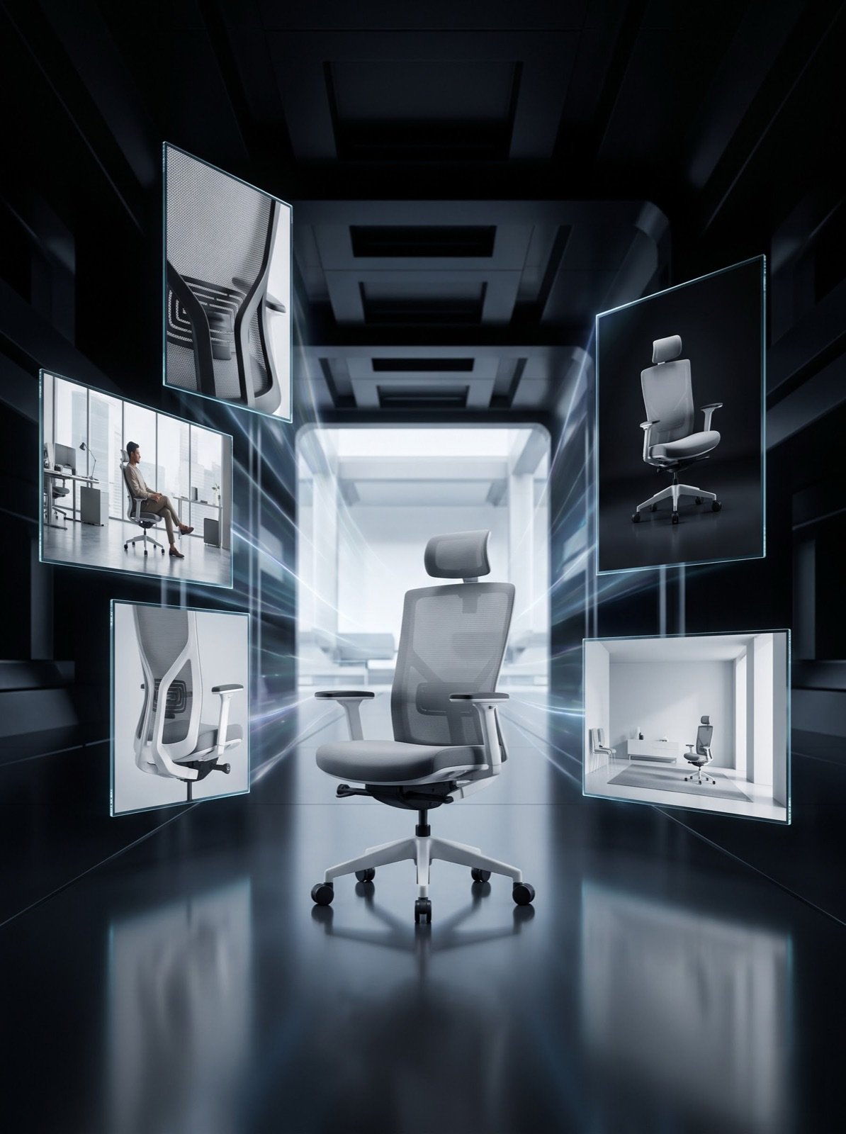 Chair in a dark corridor surrounded by floating delivery formats