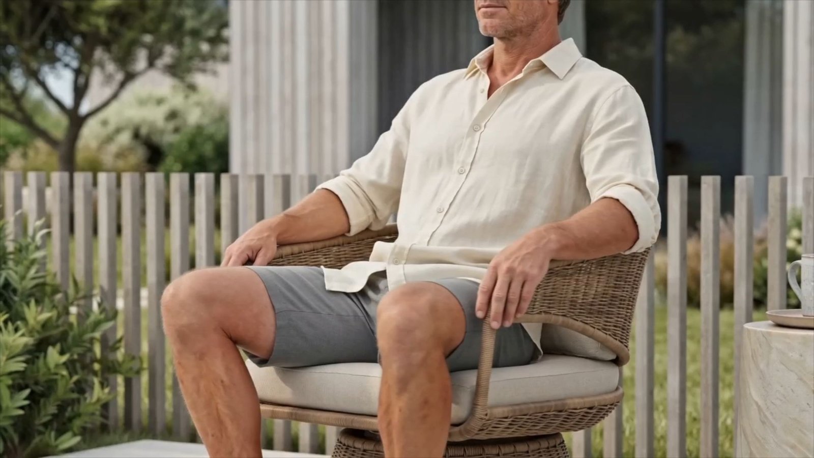 The same lounge chair in a poolside garden with a model seated in it