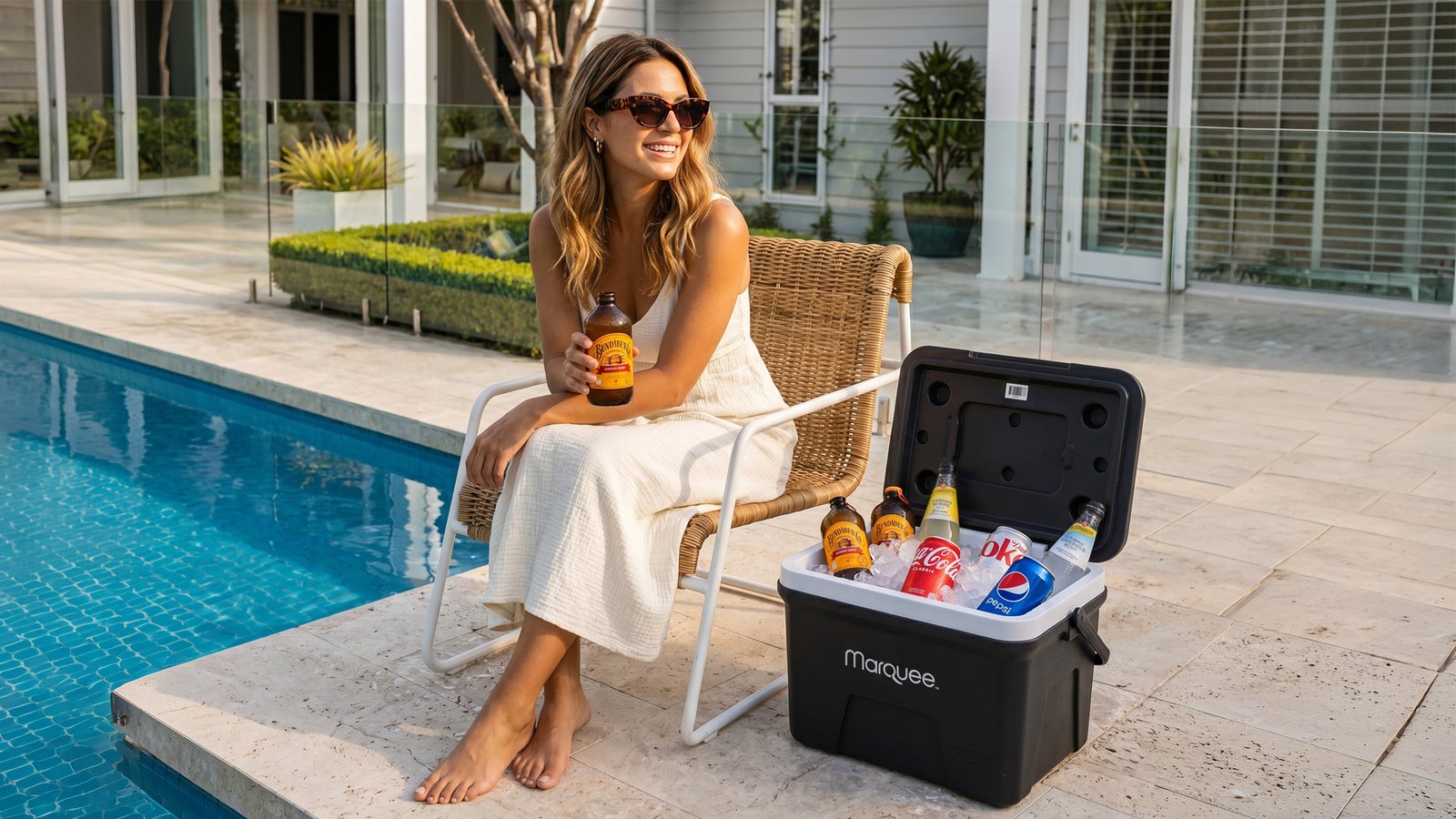 The same cooler open and stocked with ice beside a pool, model seated alongside