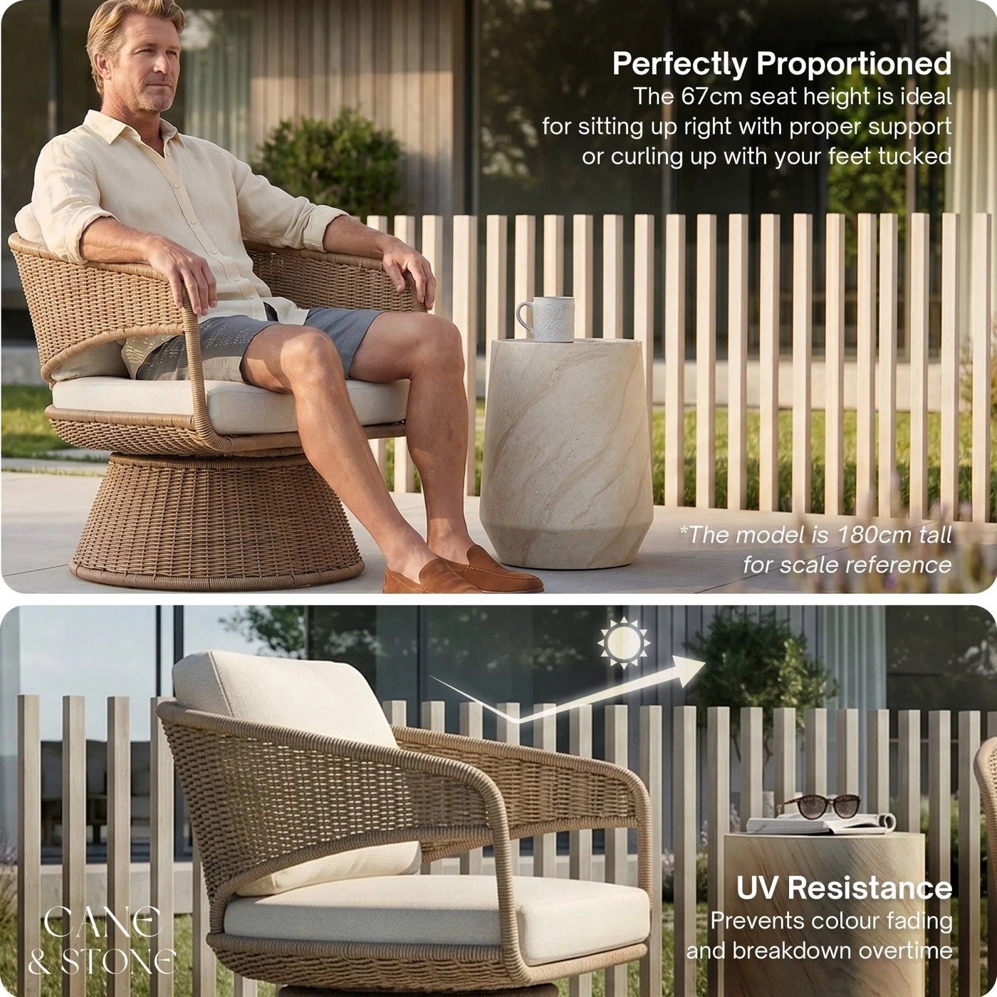Product page graphic pairing a seat-height callout with a UV-resistance callout