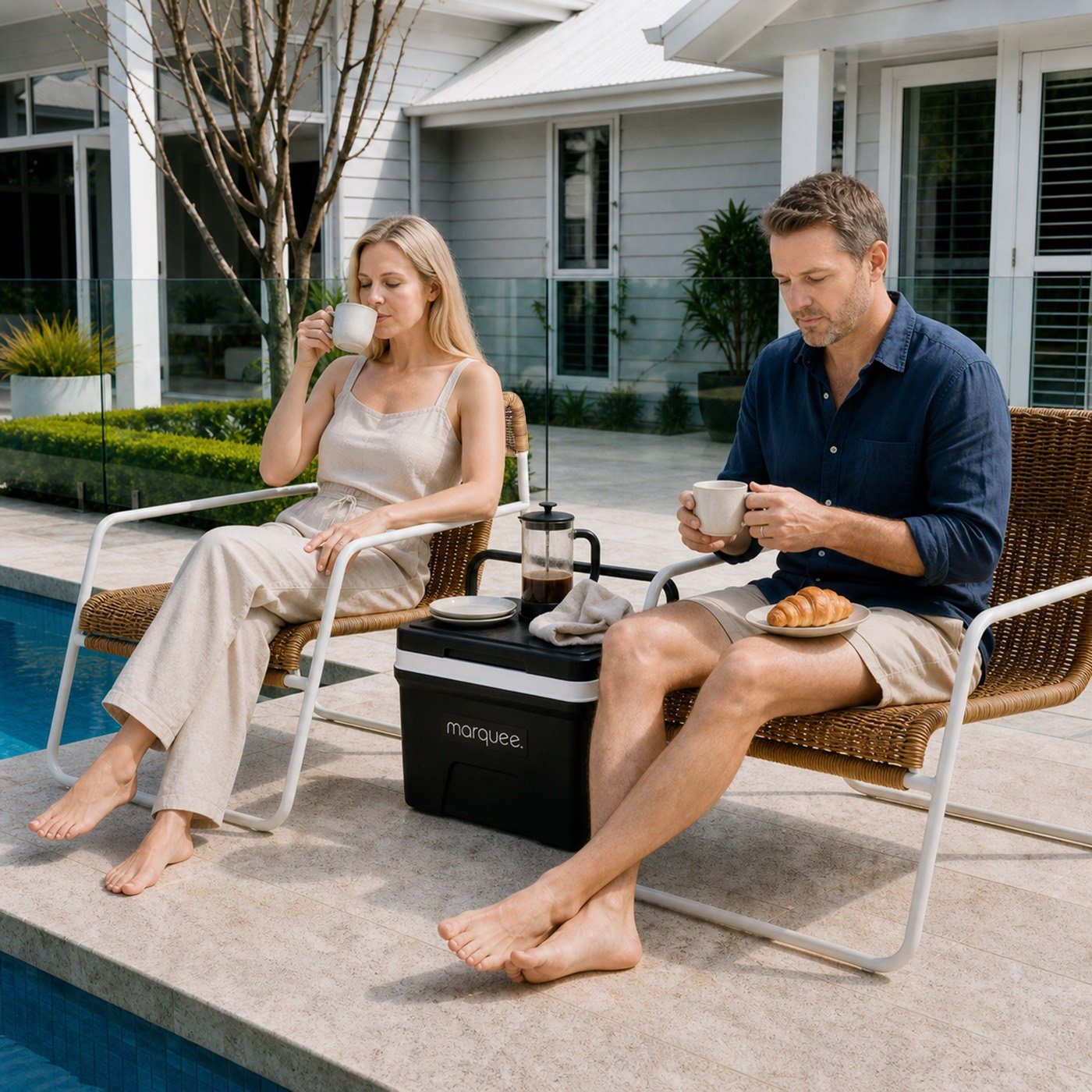 Couple beside a pool with a cooler between them, shot as lifestyle product photography