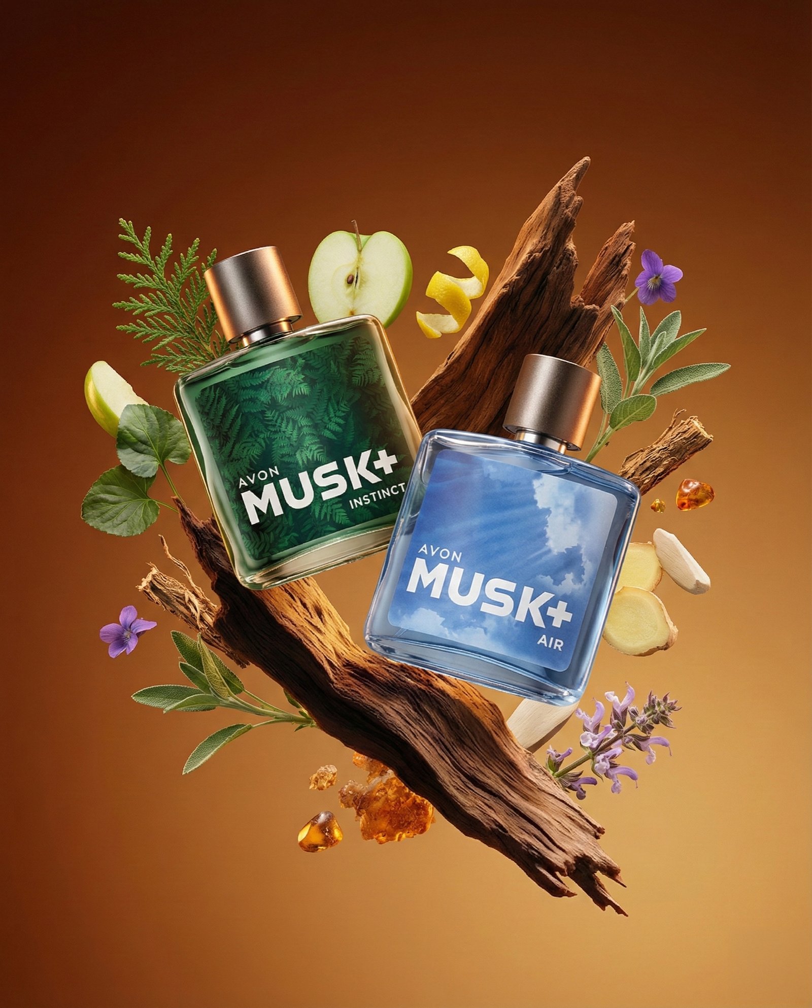Two fragrance bottles balanced on driftwood with botanicals