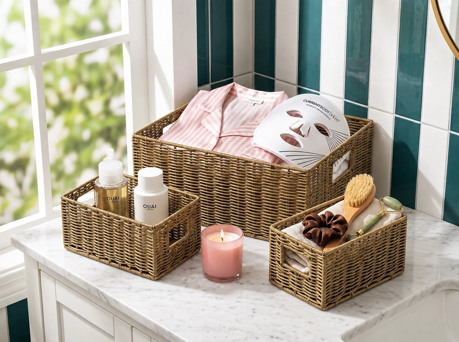 Storage baskets styled with beauty products on a marble vanity