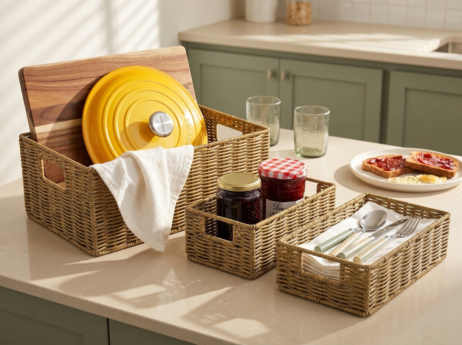 Woven storage baskets styled on a kitchen counter at breakfast