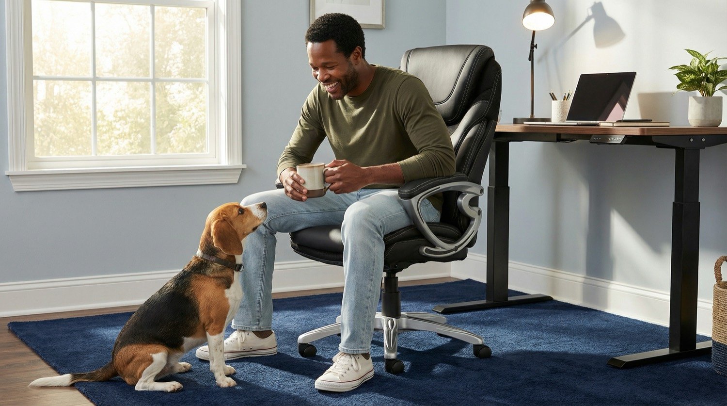 Man at a standing desk with a beagle beside his chair