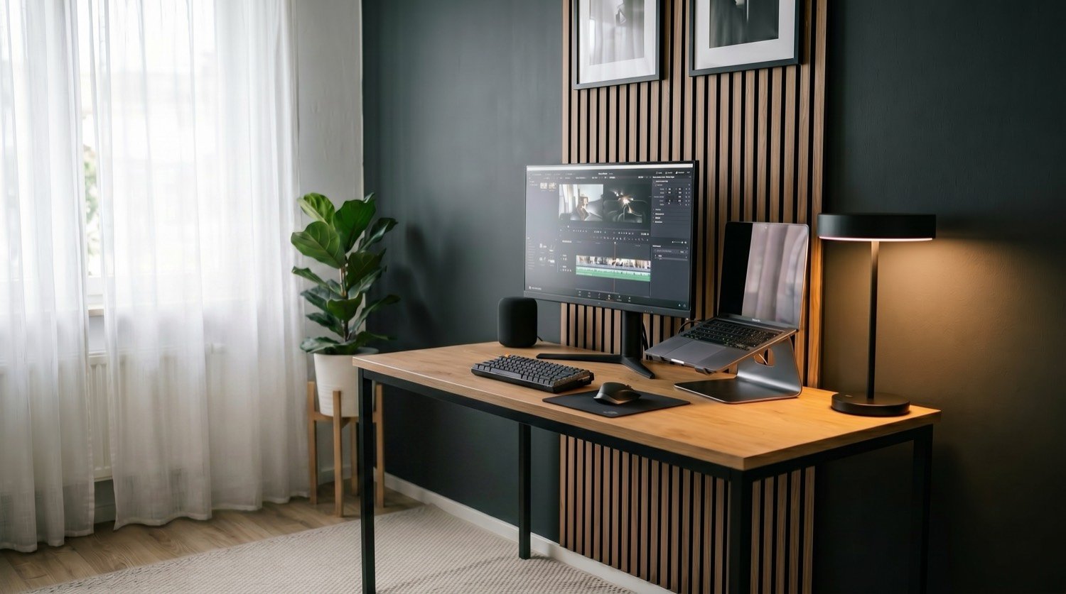 Editing desk against a timber slat wall, lamp lit