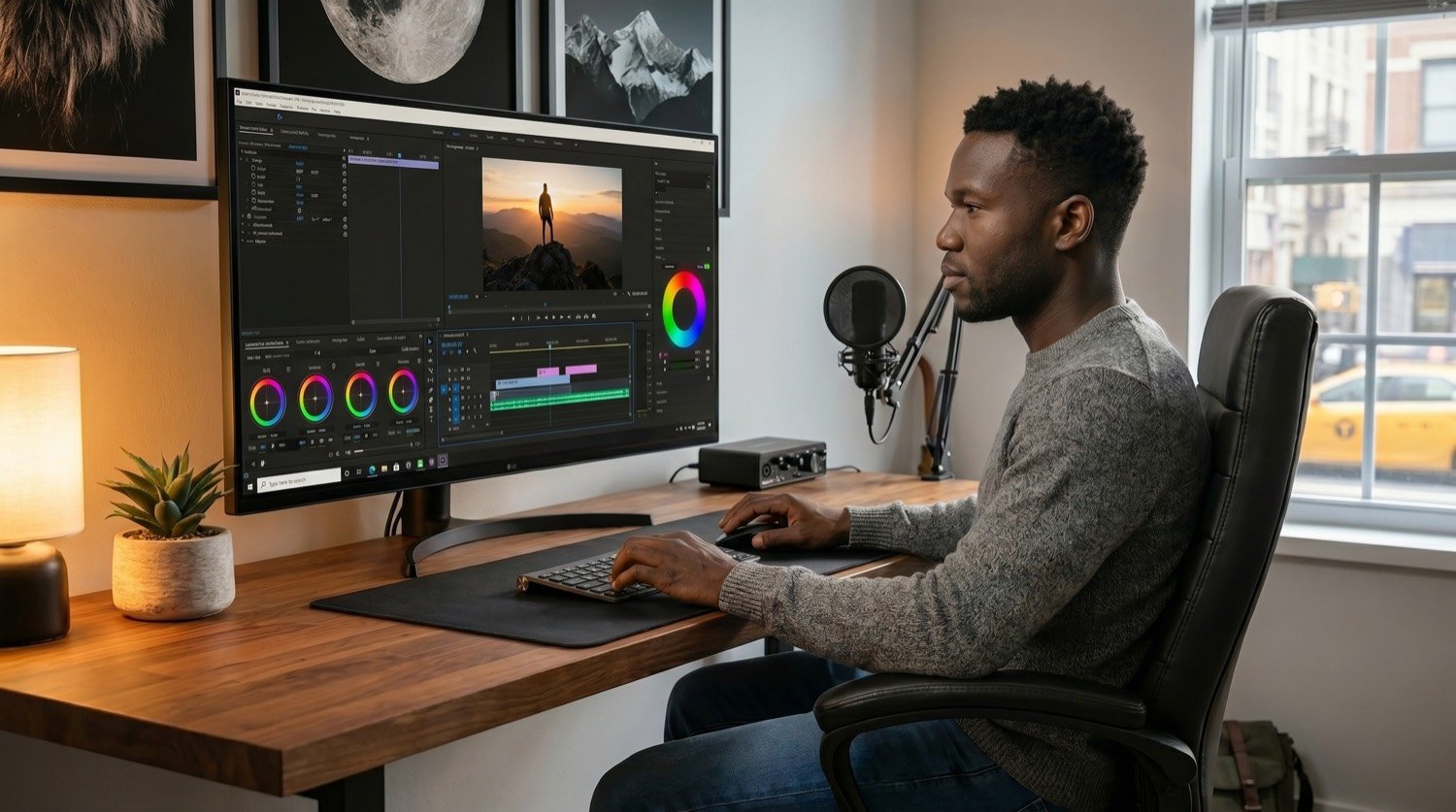 Colourist at a monitor in a warm home studio