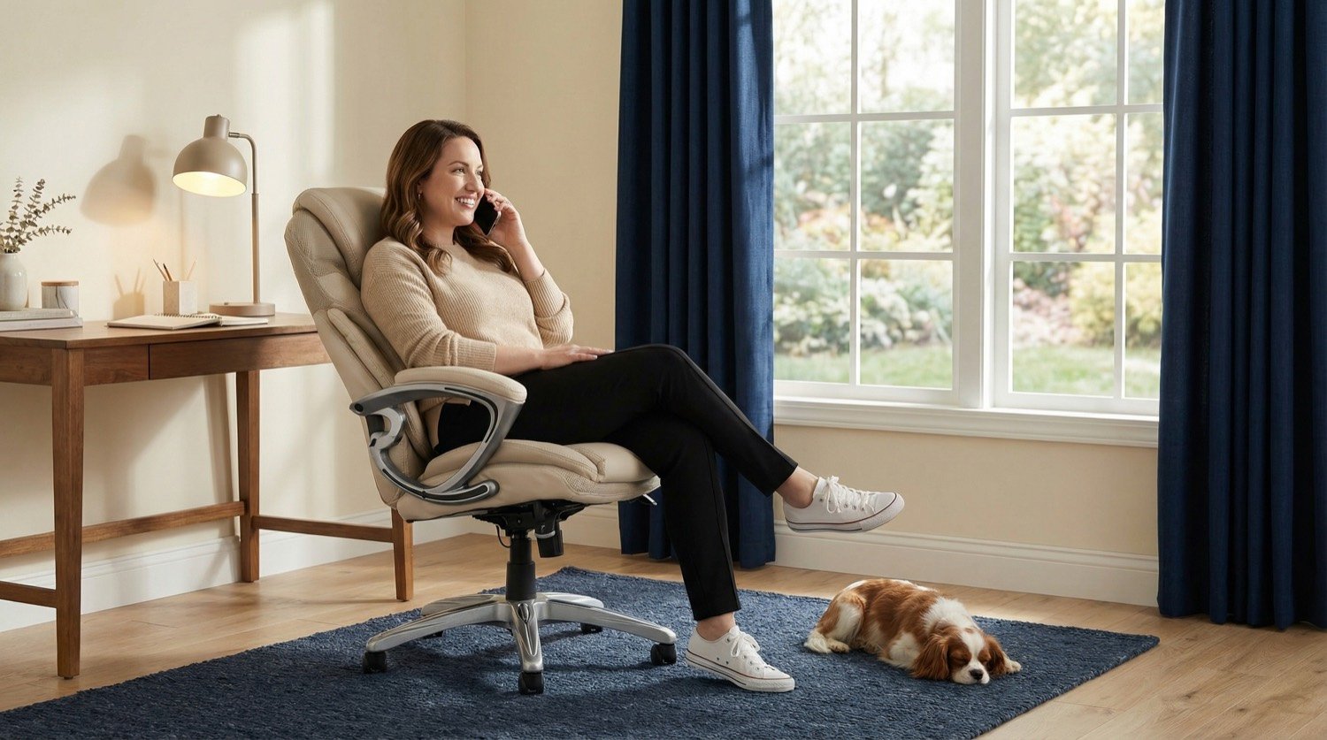 Woman on the phone in a cream executive chair, dog asleep nearby