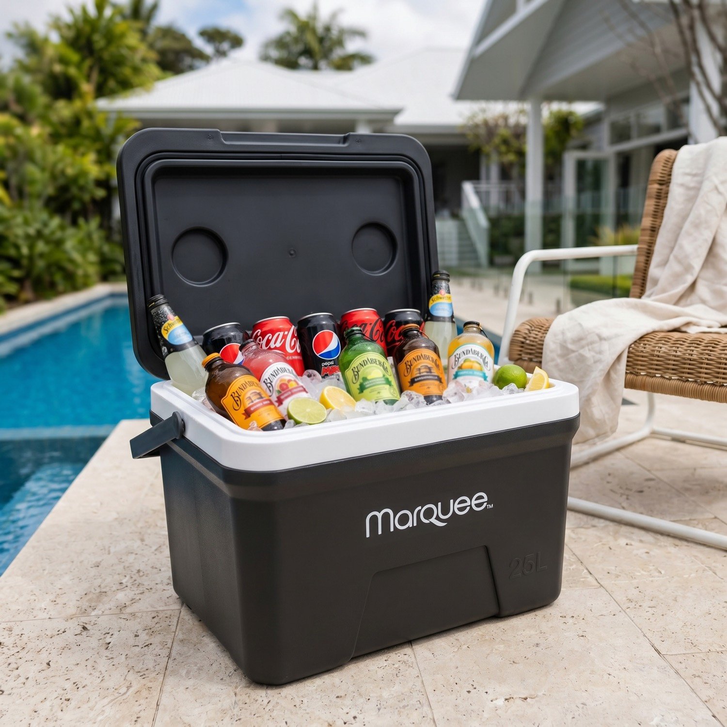 Cooler open and stocked with iced drinks beside a pool