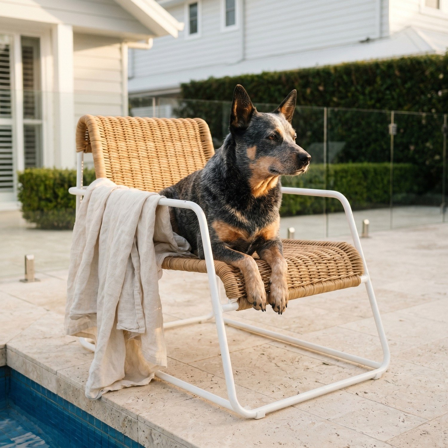 Dog sitting in a woven outdoor chair beside a pool