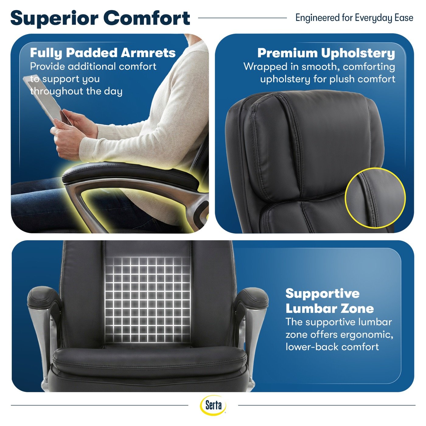 Superior comfort panel — padded armrests, upholstery and lumbar zone
