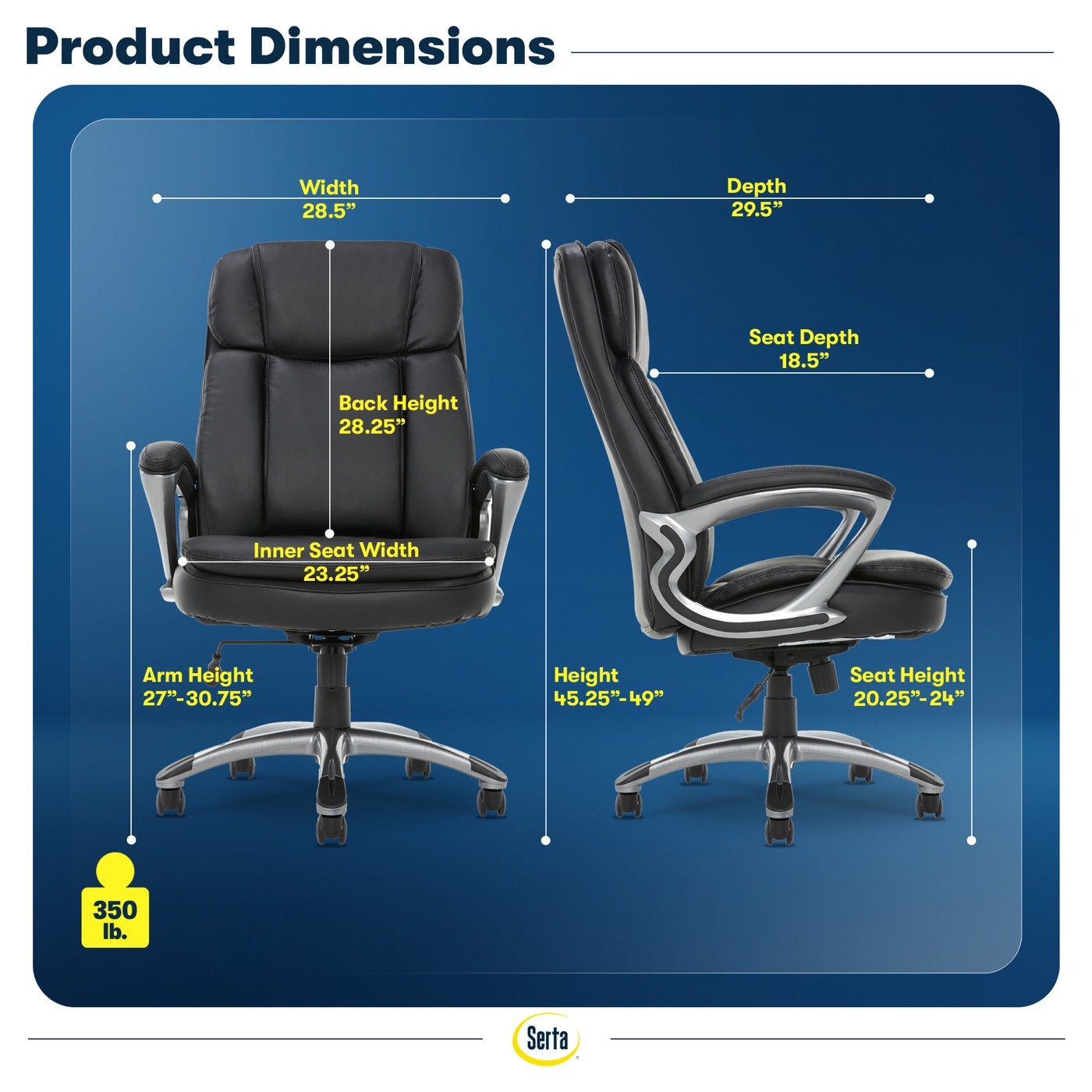 Product dimensions panel with measured callouts